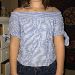 Blue and White Pinstripe Off the Shoulder Top